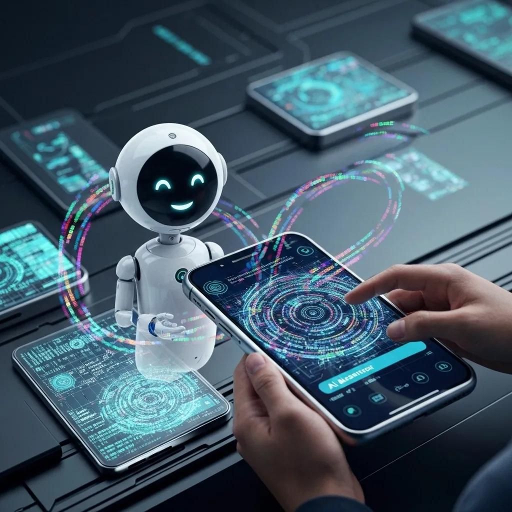 AI technology enhancing WhatsApp security and engagement, featuring a digital assistant and encrypted data streams