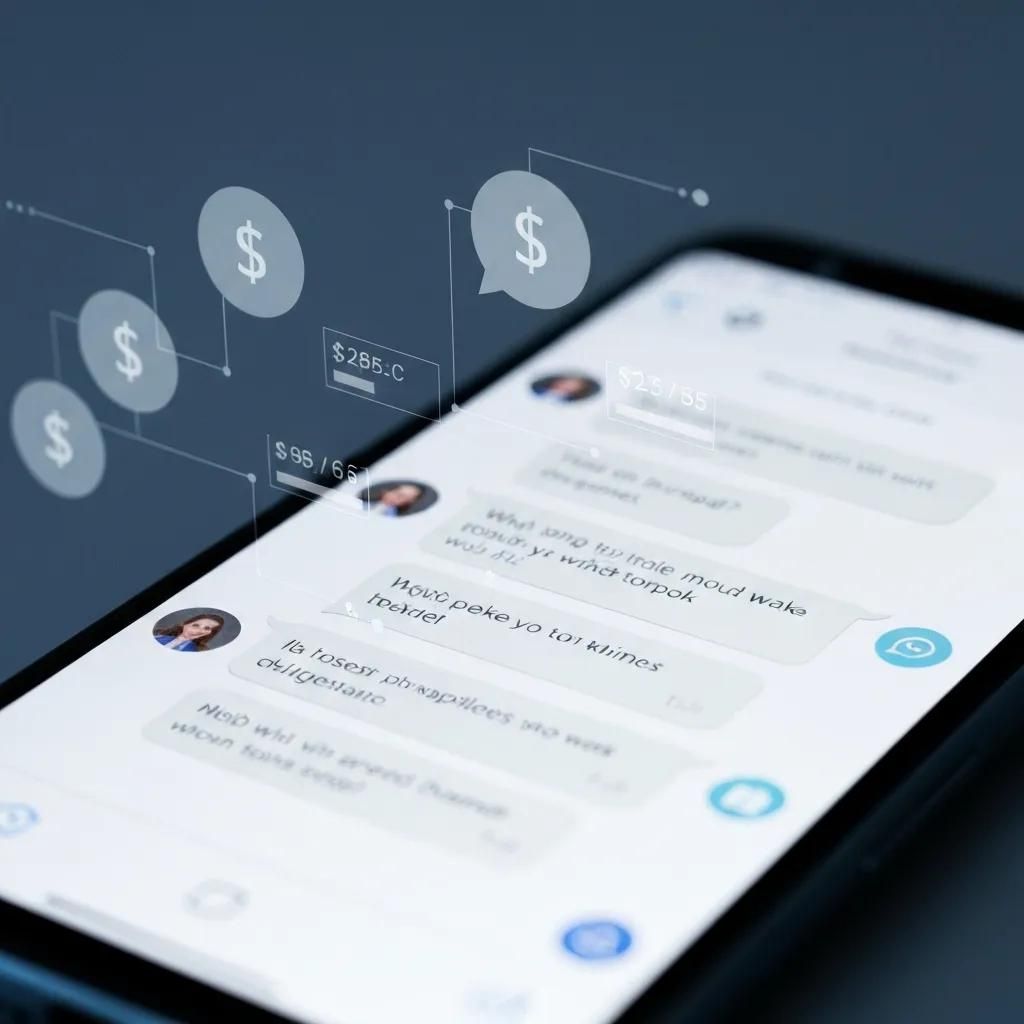 Smartphone displaying WhatsApp conversation with financial elements, highlighting core costs
