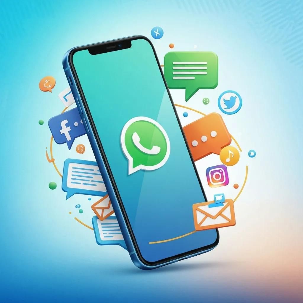 Smartphone with WhatsApp logo surrounded by digital marketing elements