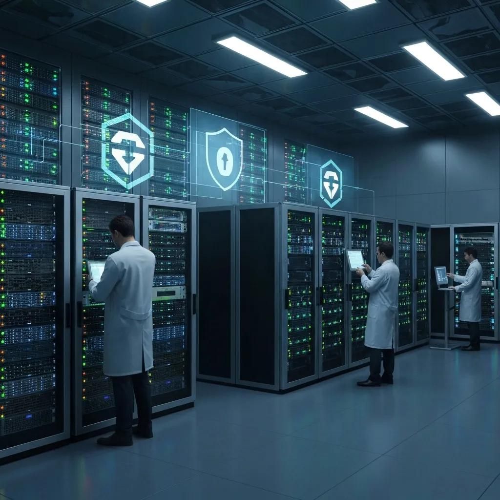 Illustration of a secure server room with encryption symbols representing data protection features