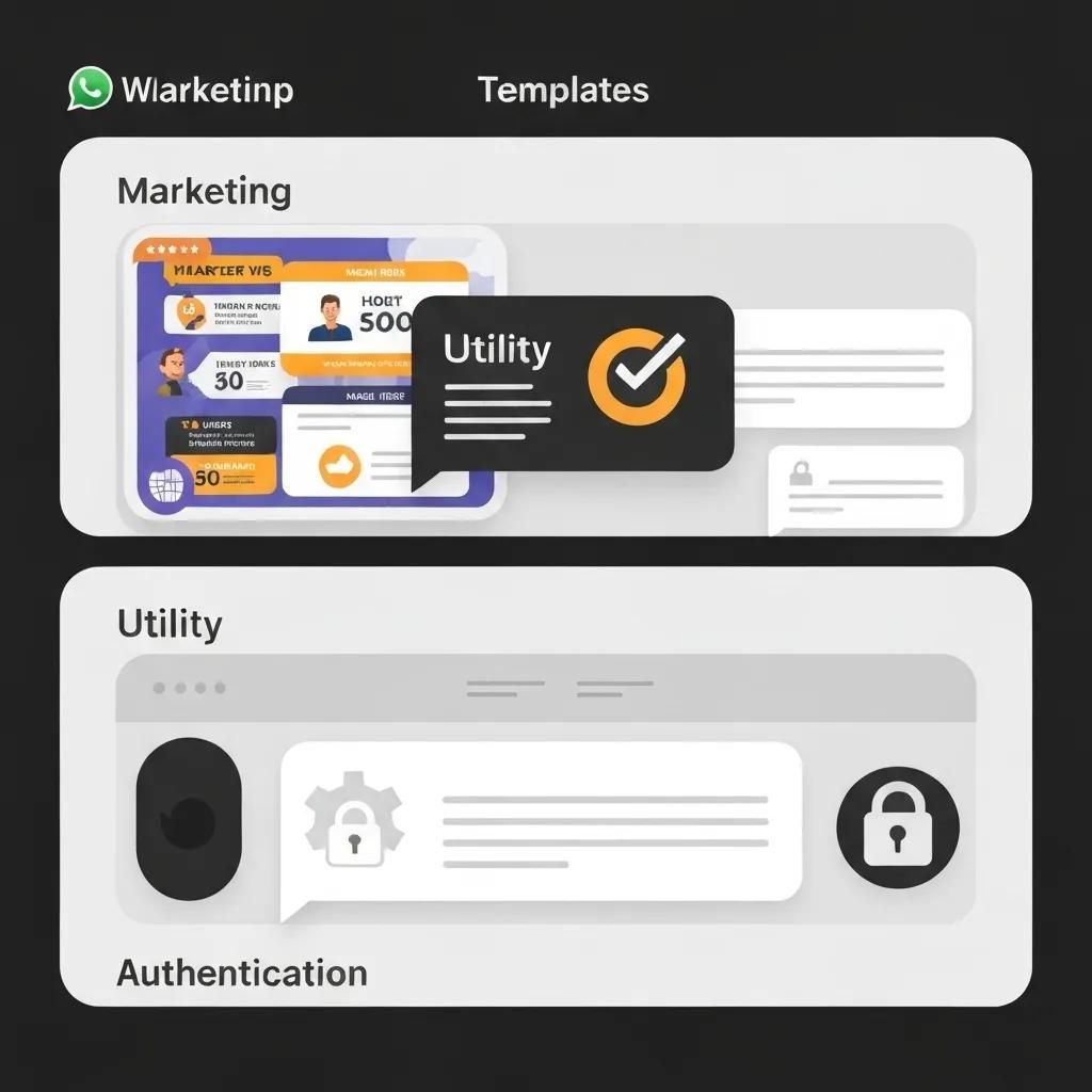 Visual representation of WhatsApp template categories: Marketing, Utility, and Authentication