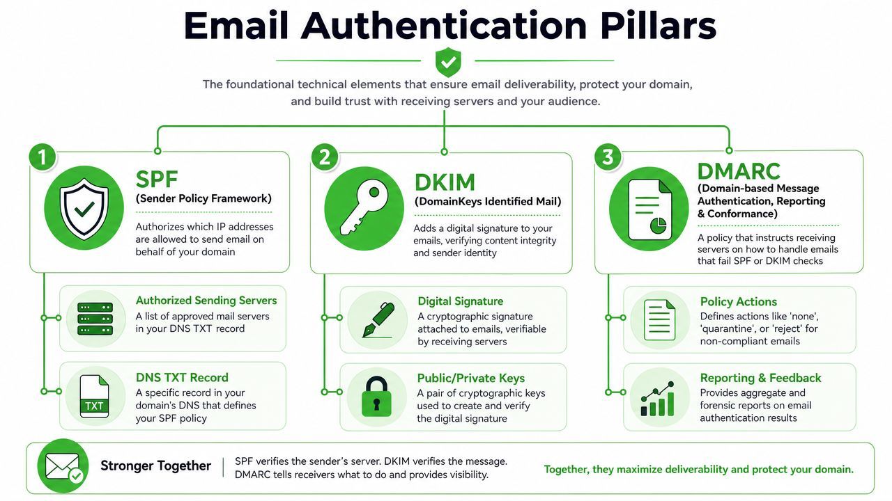 A diagram illustrating the three pillars of email authentication: SPF, DKIM, and DMARC for improved deliverability.