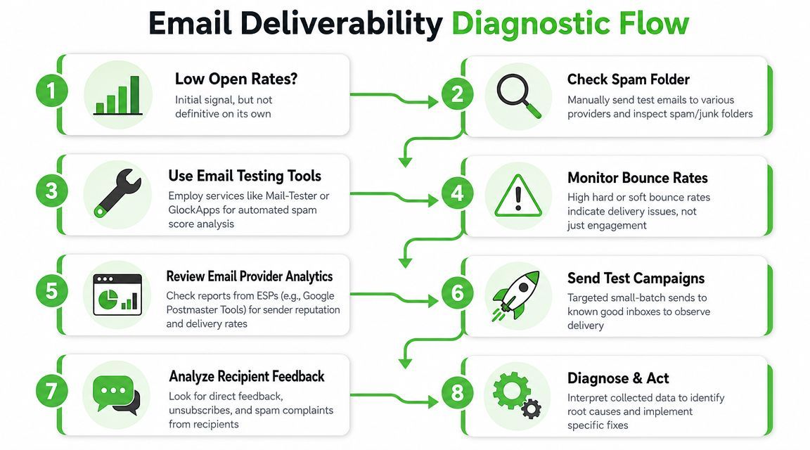 An infographic showing an eight-step diagnostic flow chart to troubleshoot and improve email deliverability issues.