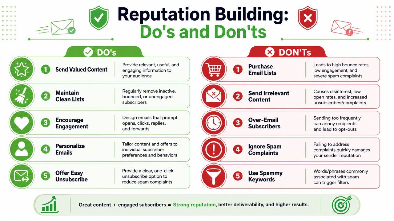 An infographic titled Reputation Building showing five do's and five don'ts for email marketing best practices.