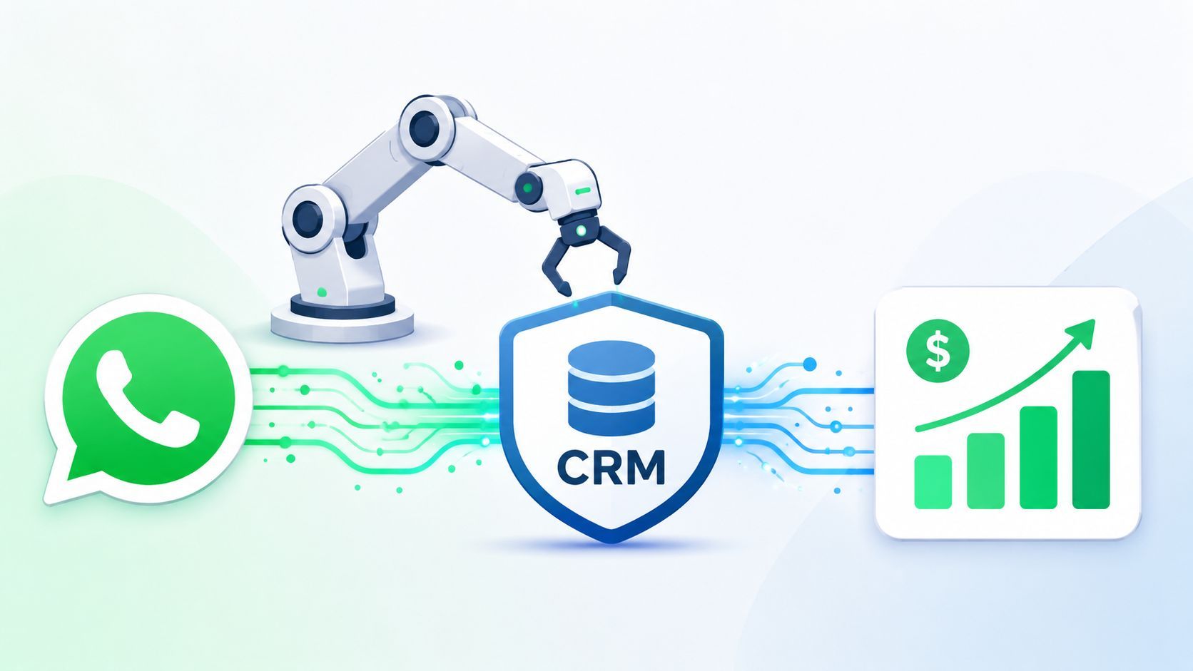 A robotic arm integrating WhatsApp communication with a CRM database to drive business growth and sales.