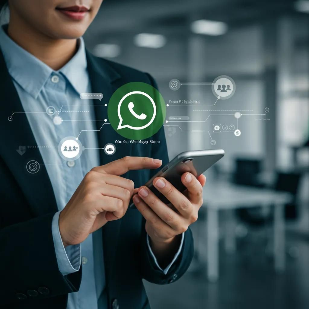 Business professional using WhatsApp on smartphone in a modern office setting