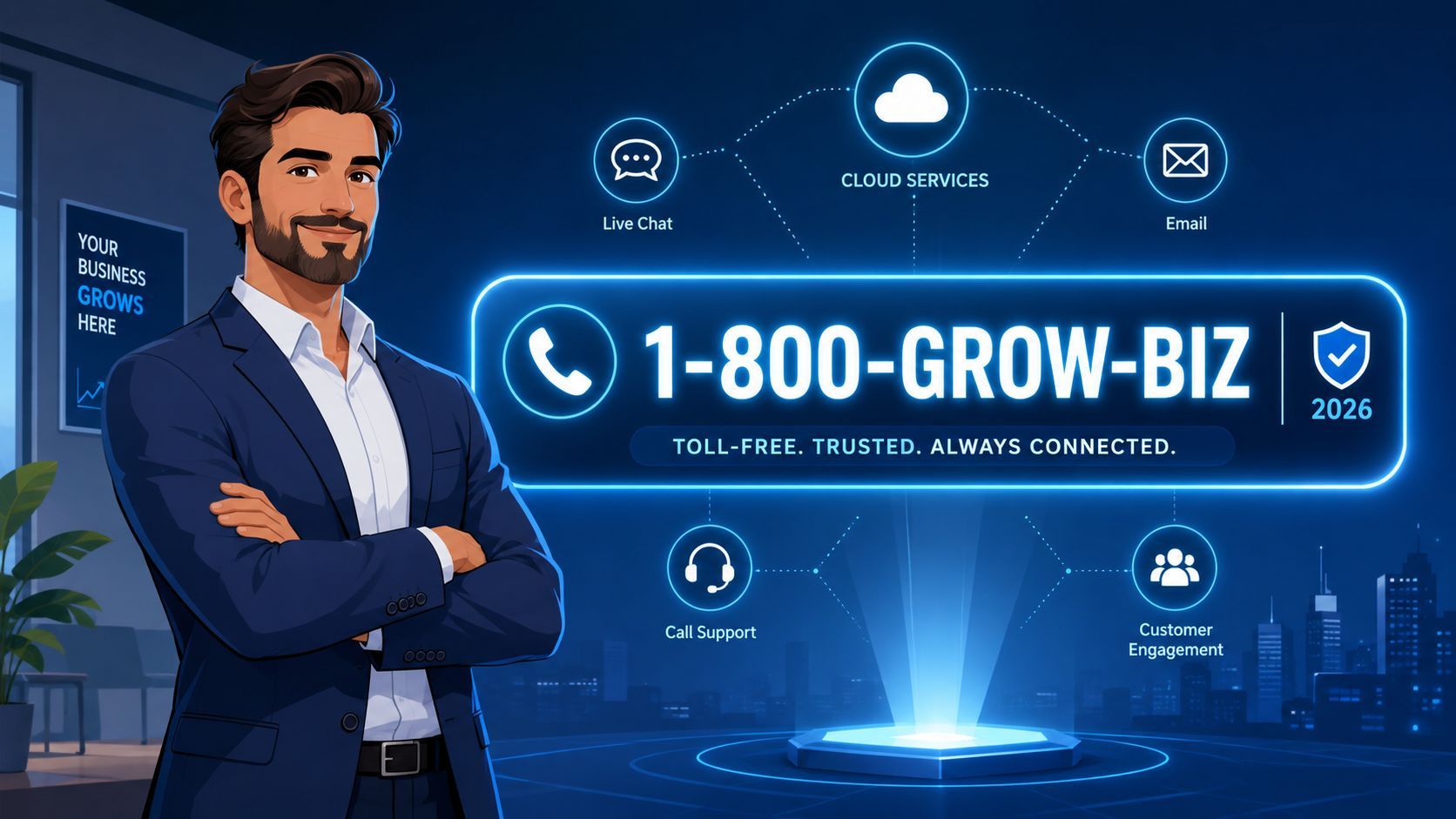 A professional man standing next to a glowing display of business communication services and a phone number.