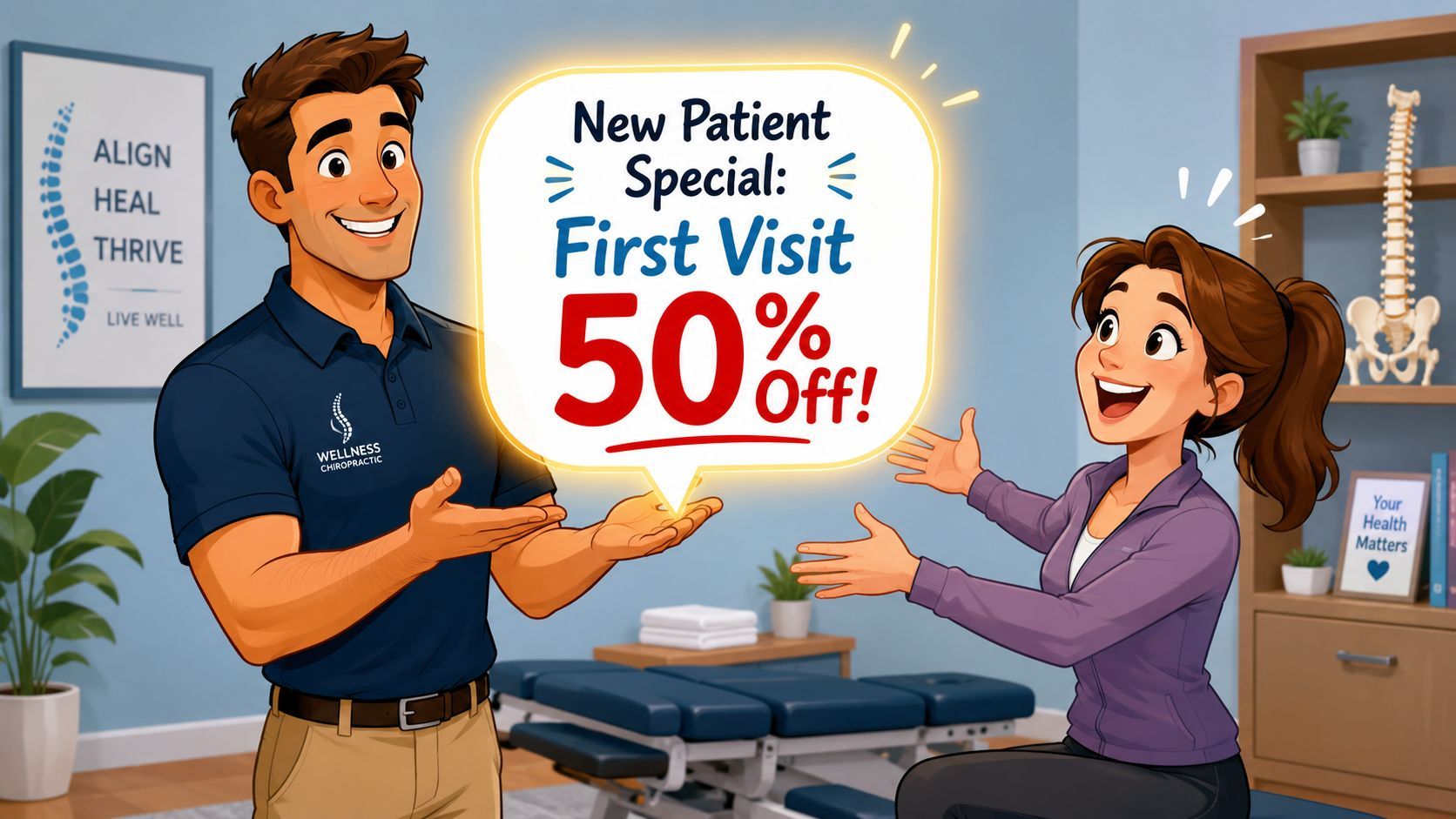 A friendly chiropractor presenting a 50% discount offer to a happy new patient in a professional office.