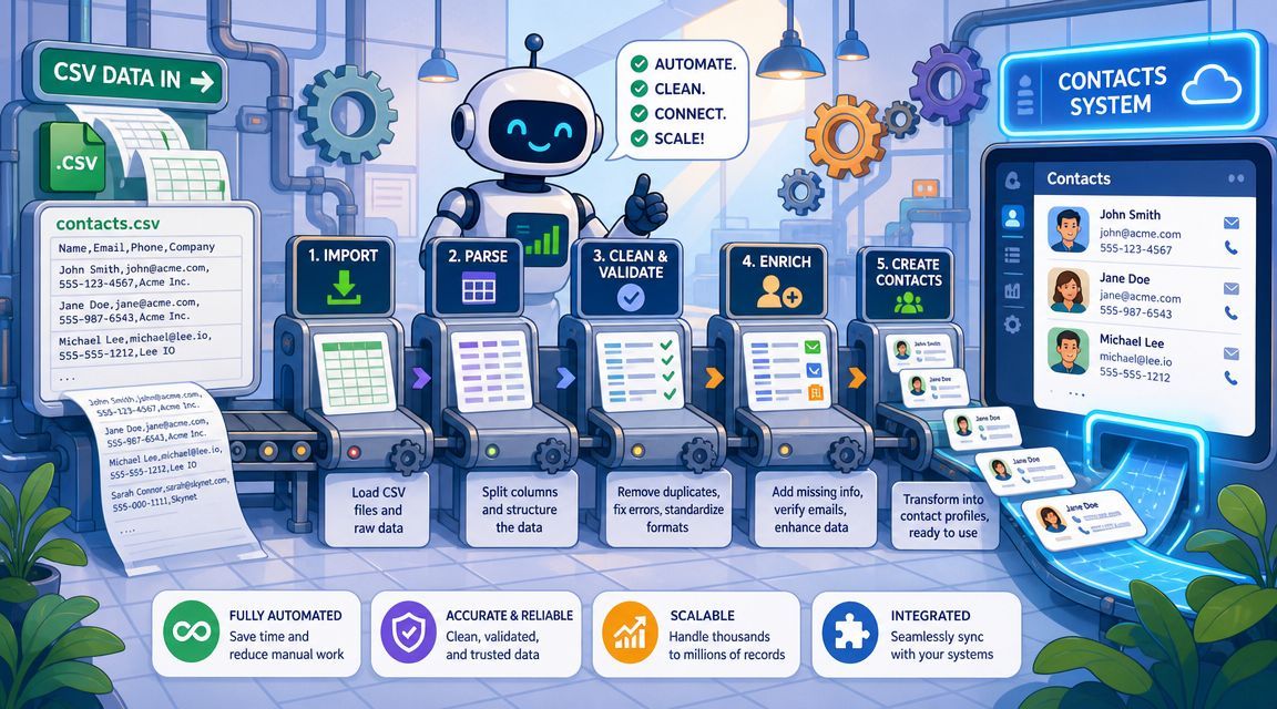 A friendly robot managing an automated pipeline converting CSV contact files into organized CRM profiles.