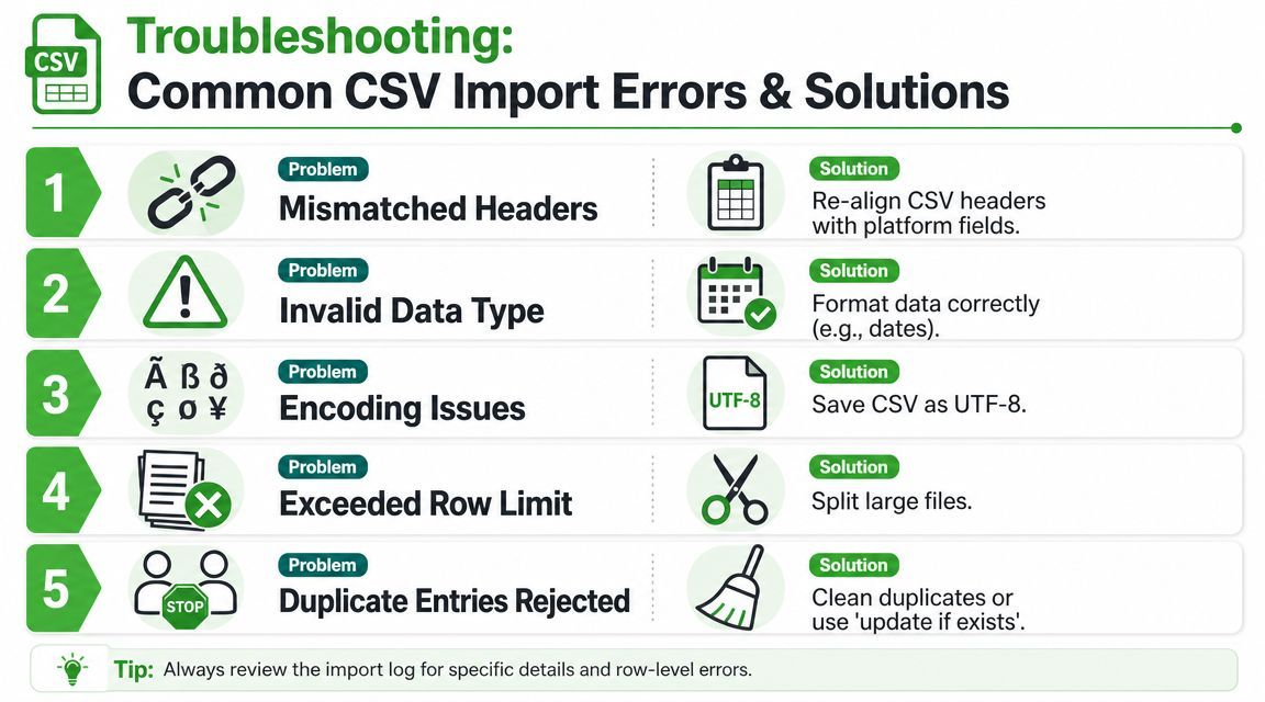 A troubleshooting infographic illustrating five common CSV import errors and their corresponding practical solutions for data migration.