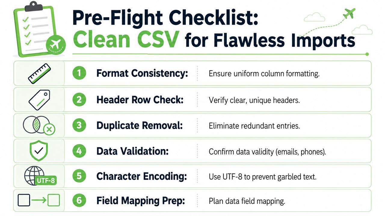A six-step infographic checklist for cleaning CSV data to ensure successful and flawless file imports.