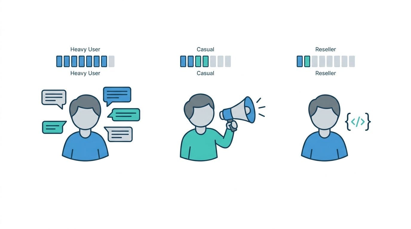 Icons illustrating customer segmentation into heavy user, casual user, and reseller roles with progress indicators.
