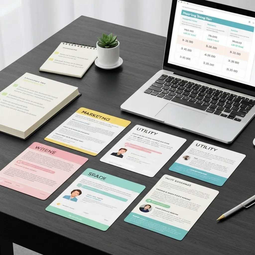 WhatsApp message templates on a desk illustrating pricing tiers