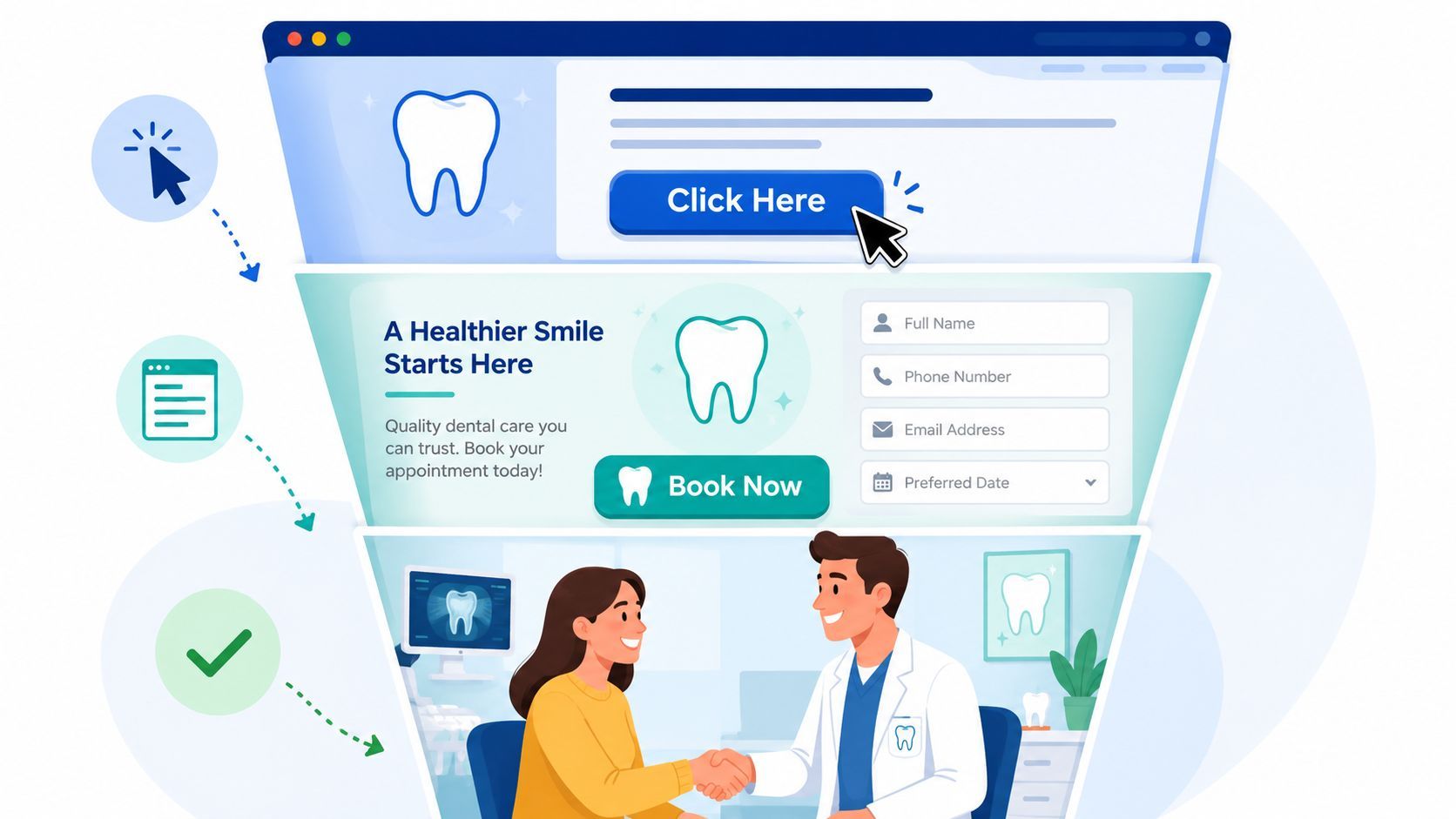 A marketing funnel illustration showing the conversion process from clicking a website ad to booking a dental appointment.