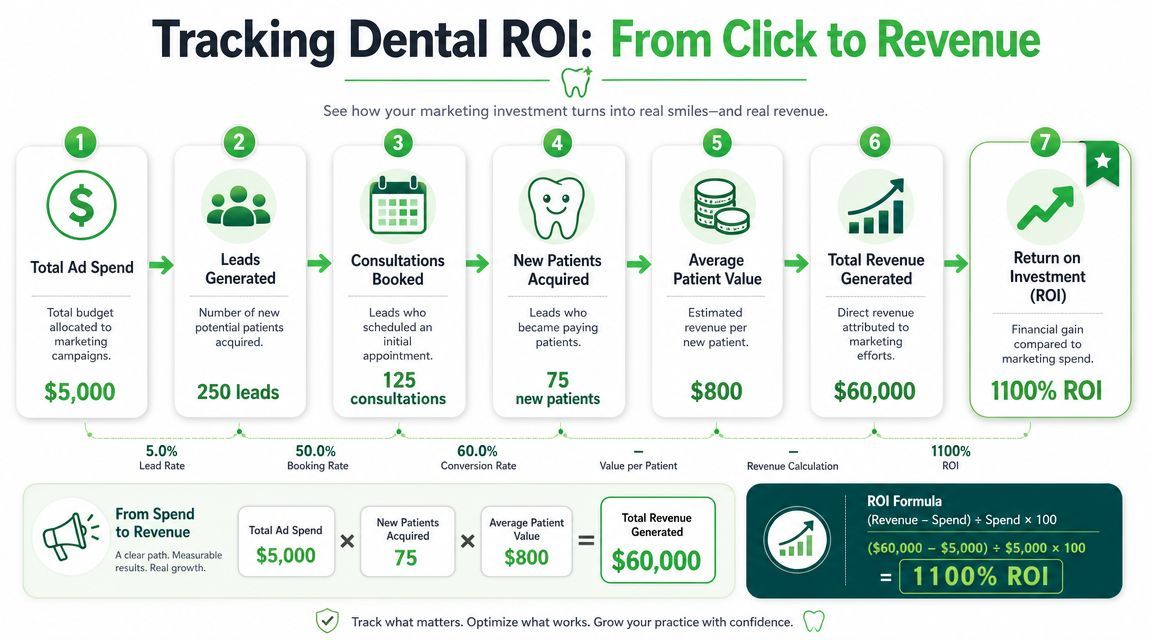 An infographic showing the seven-step process of tracking dental marketing ROI from ad spend to revenue.