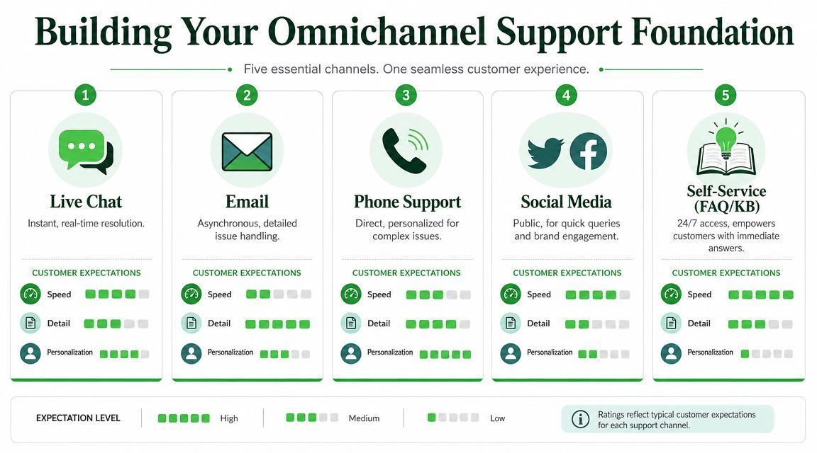 A diagram outlining five essential customer support channels for an omnichannel support strategy.