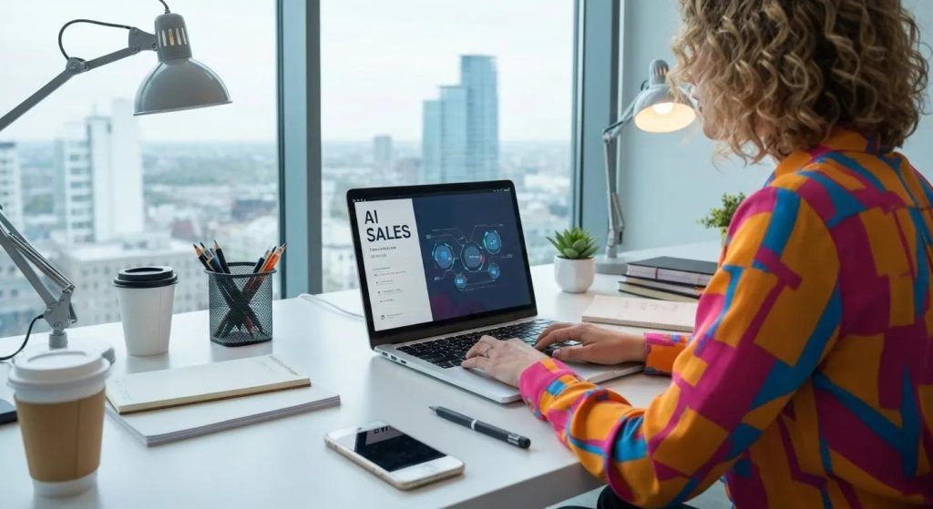 Modern workspace with AI sales software on a laptop, symbolizing innovation in sales automation