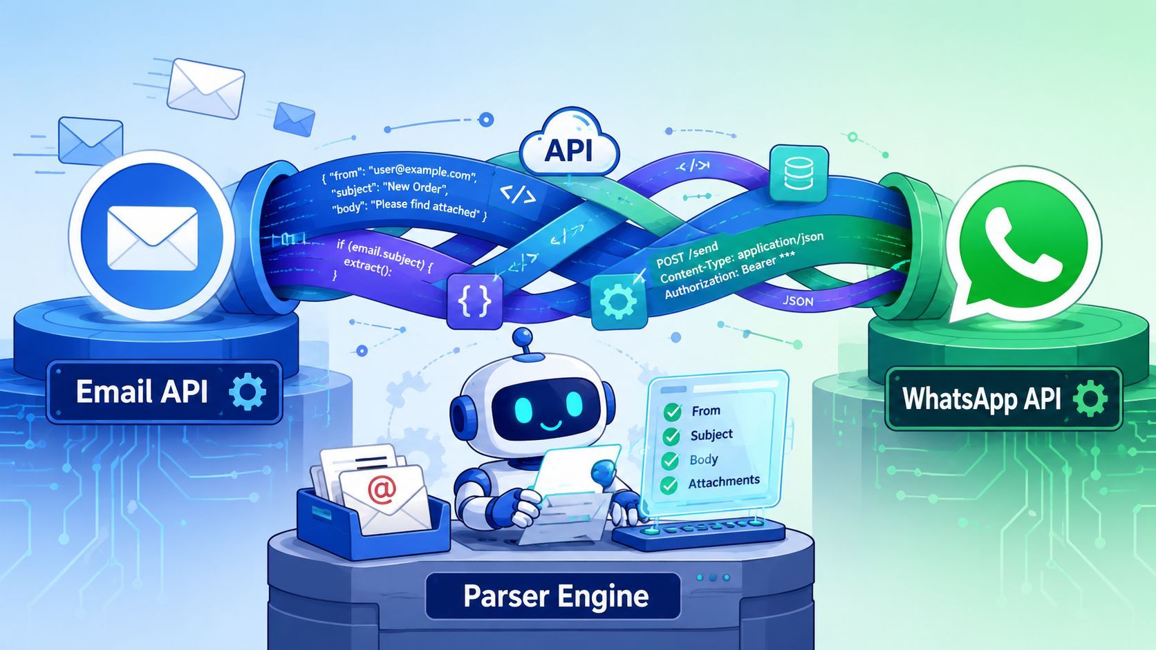 A robot acting as a parser engine connects an email API to a WhatsApp API system.