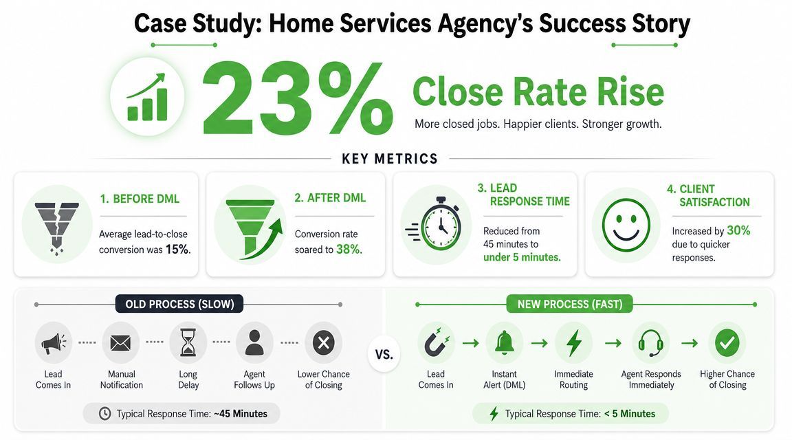 A case study infographic showing a 23 percent increase in conversion rates using a fast lead management system.