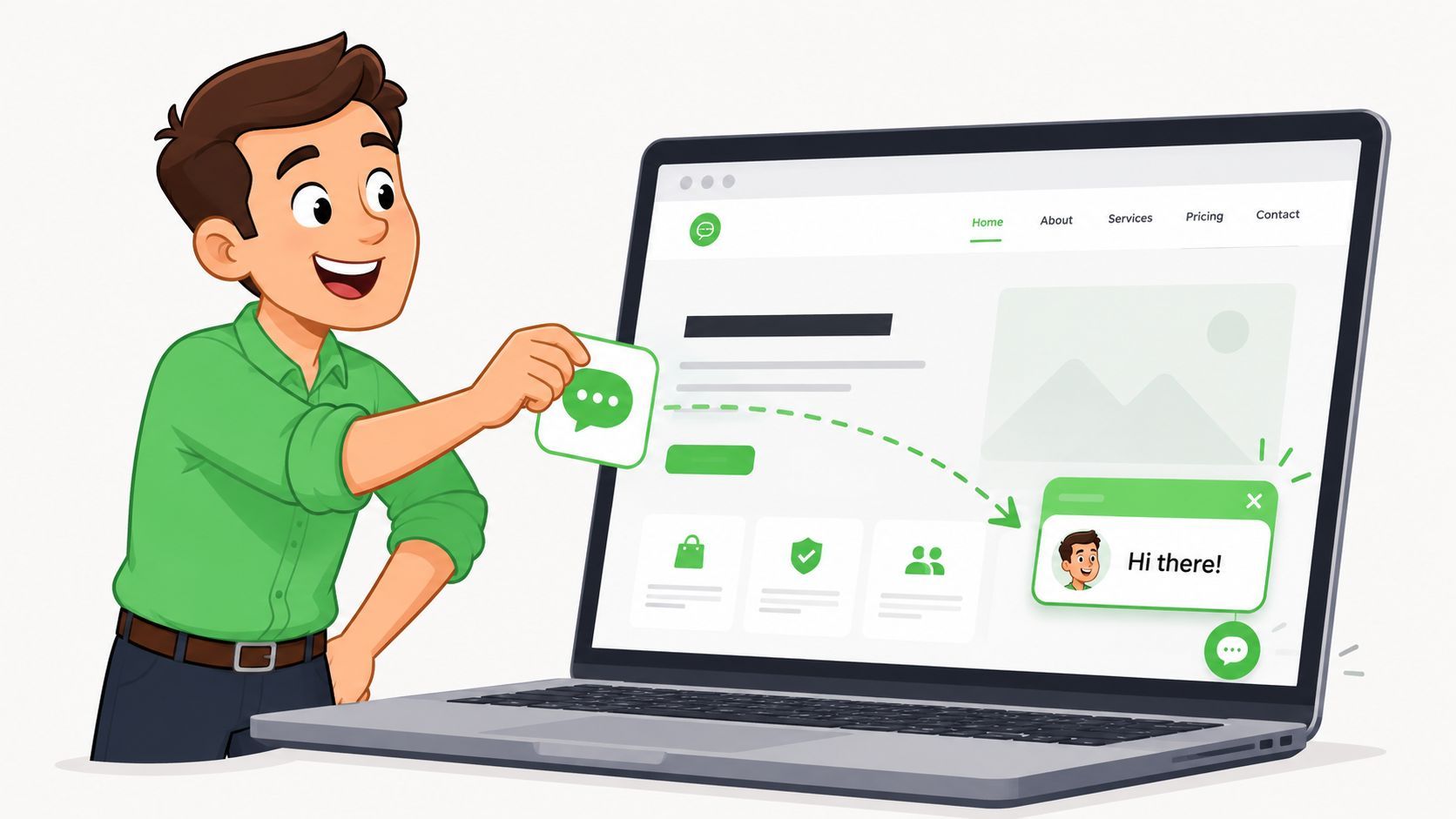 A friendly illustration of a man adding a chat widget icon to a laptop website interface.