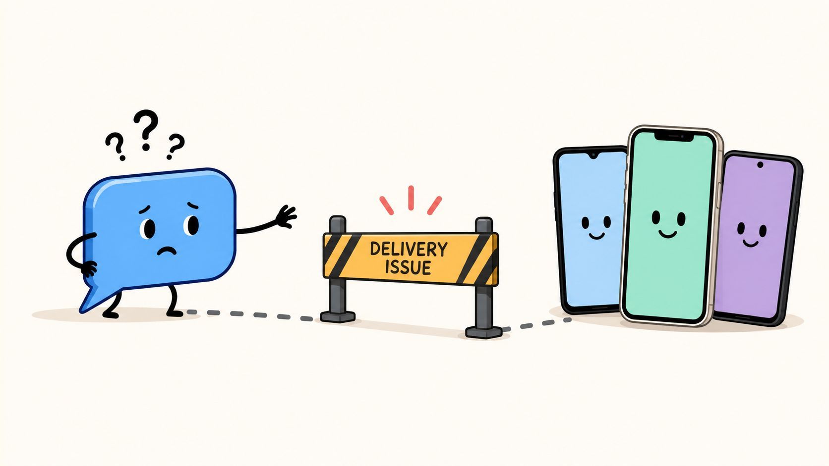 An illustration of a sad blue speech bubble unable to reach three smiling smartphones due to delivery issues.