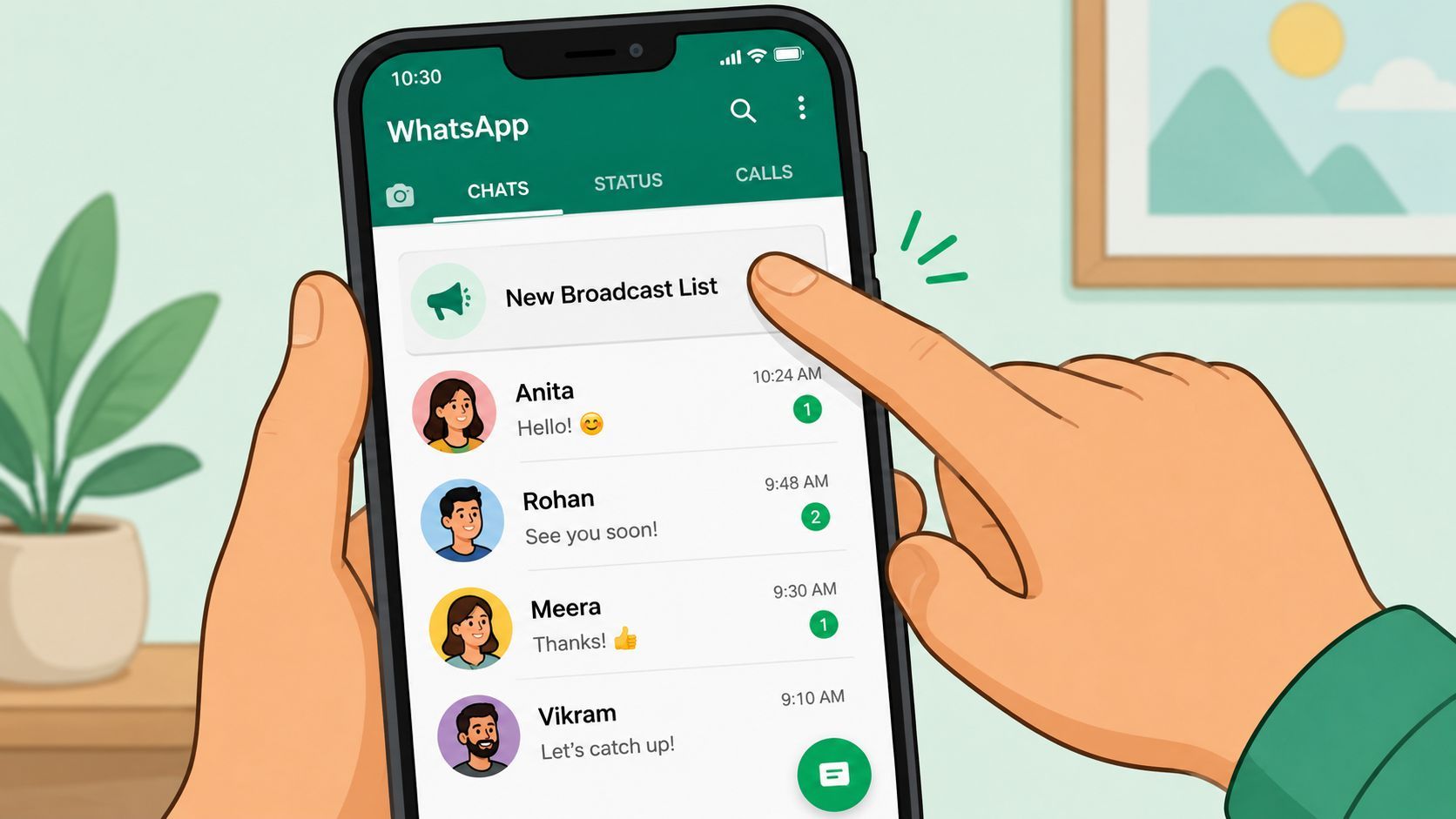 A hand holding a smartphone showing the WhatsApp interface to create a new broadcast list.