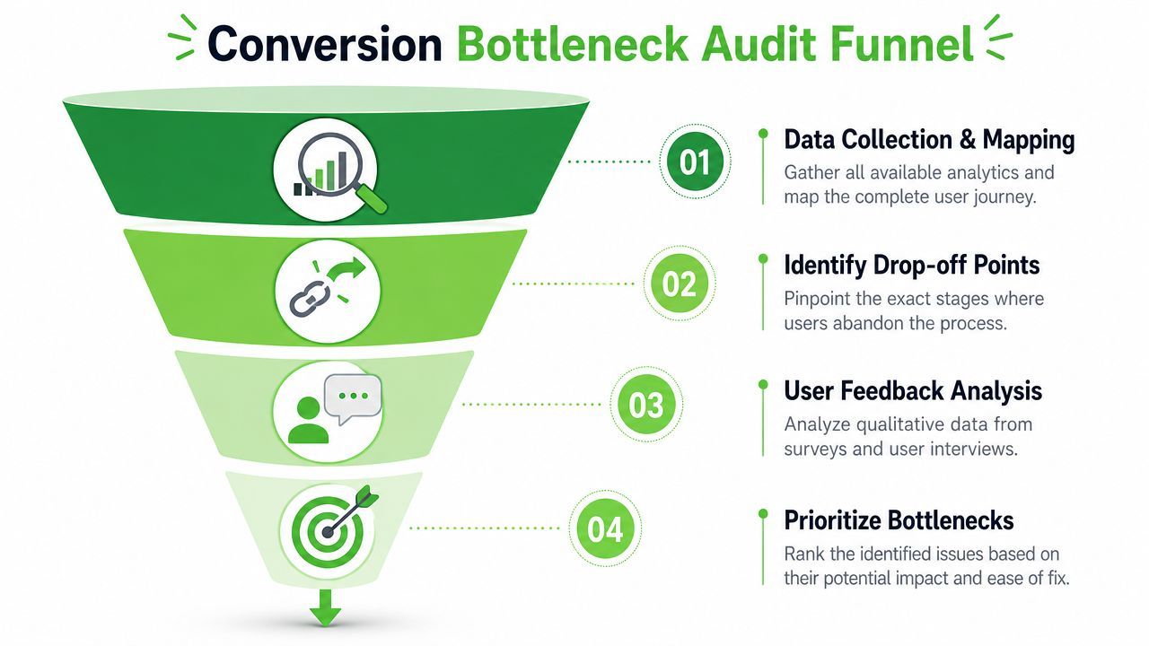 A four-step funnel diagram illustrating the process of conducting a conversion bottleneck audit for websites.