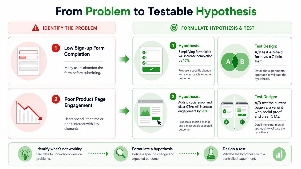 A diagram illustrating the process from identifying conversion problems to formulating and testing hypotheses.