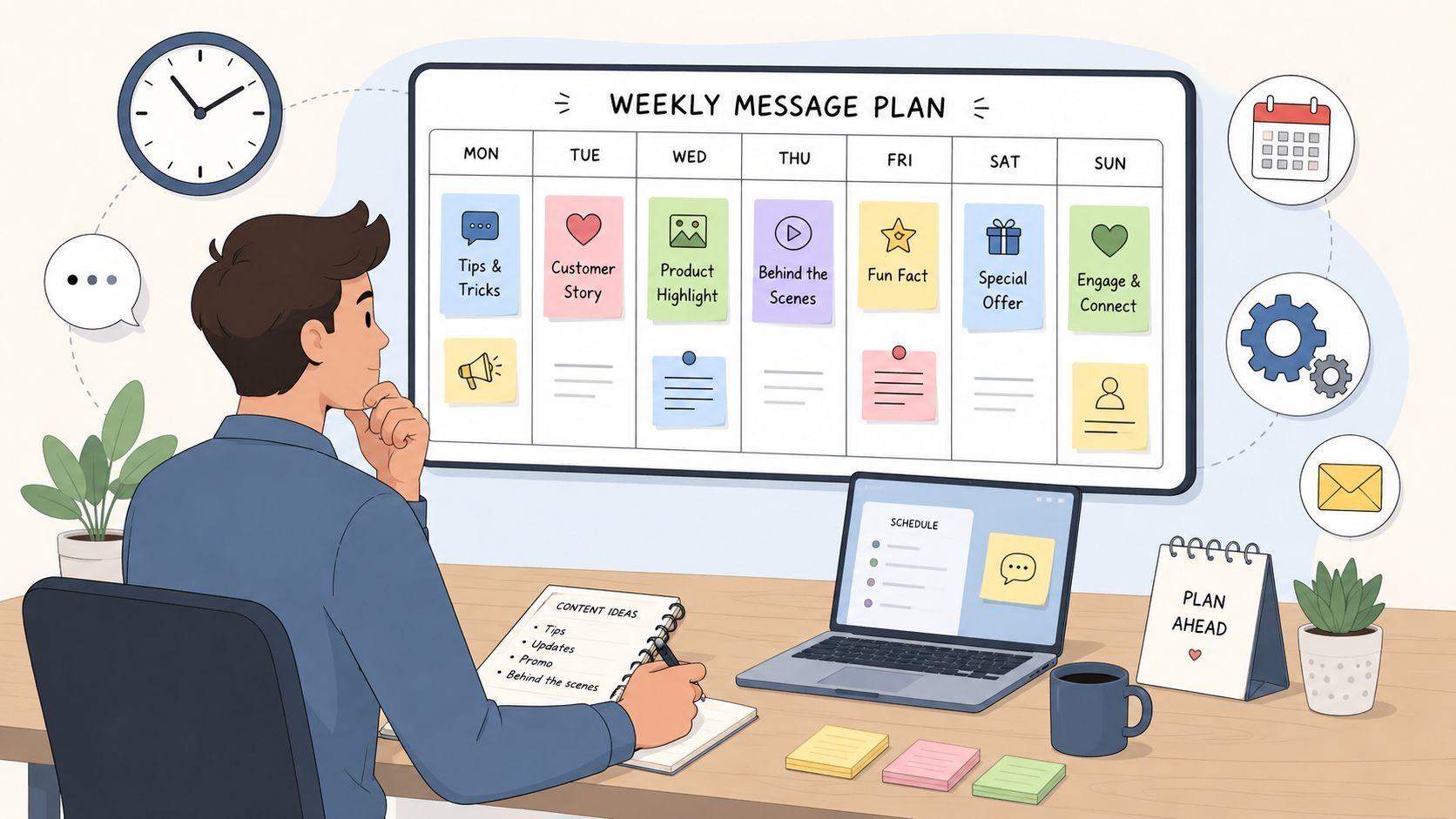 A person planning a social media content calendar with a whiteboard and laptop at a desk.