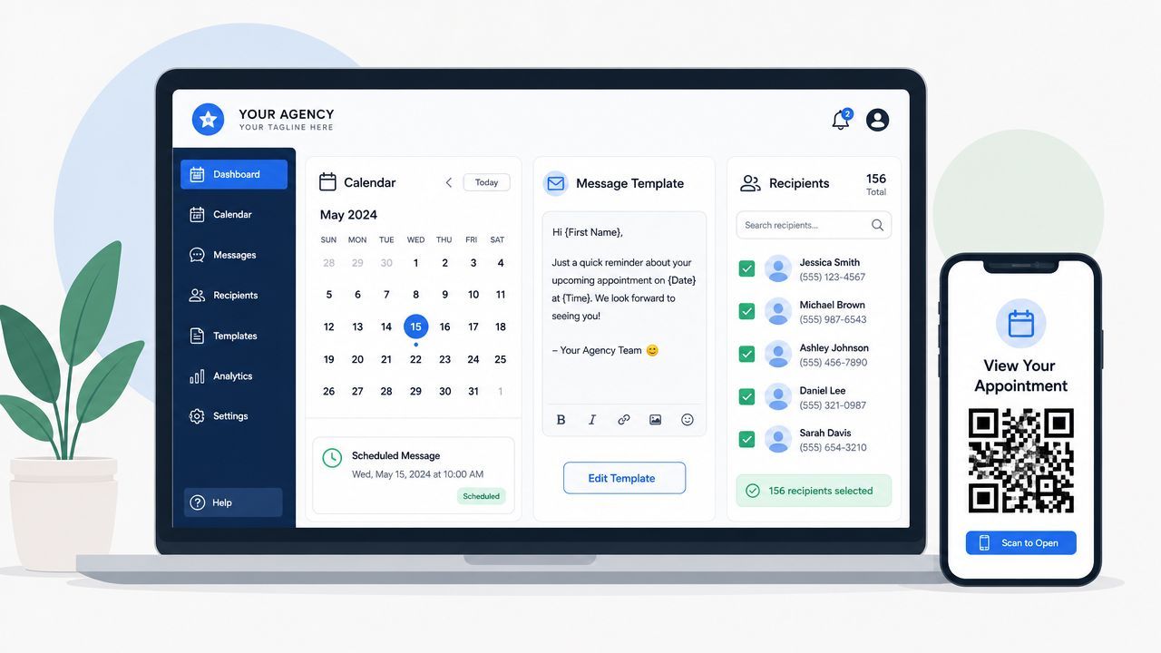 A digital interface showing a WhatsApp marketing dashboard with a calendar and message scheduling tool on a laptop.