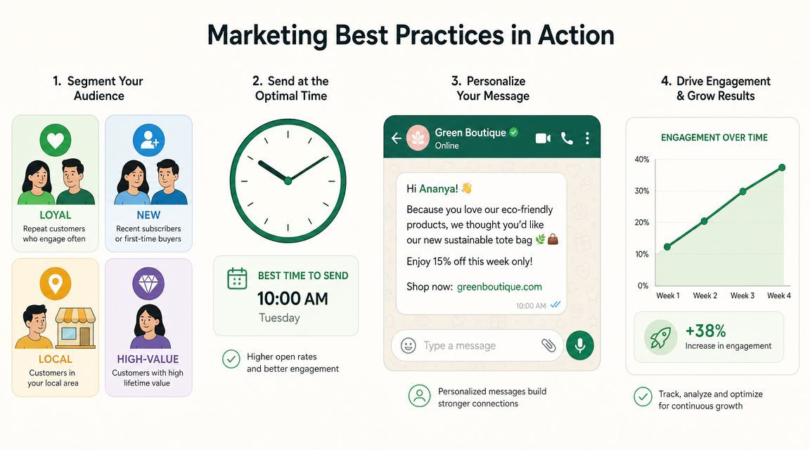 An infographic illustrating four marketing best practices for customer engagement, including segmentation, timing, personalization, and results analysis.
