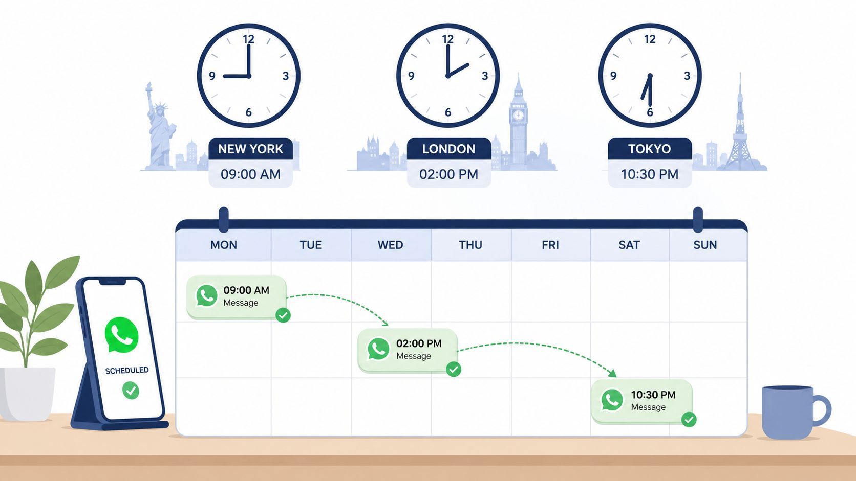A digital calendar displaying scheduled WhatsApp messages across different time zones including New York, London, and Tokyo.