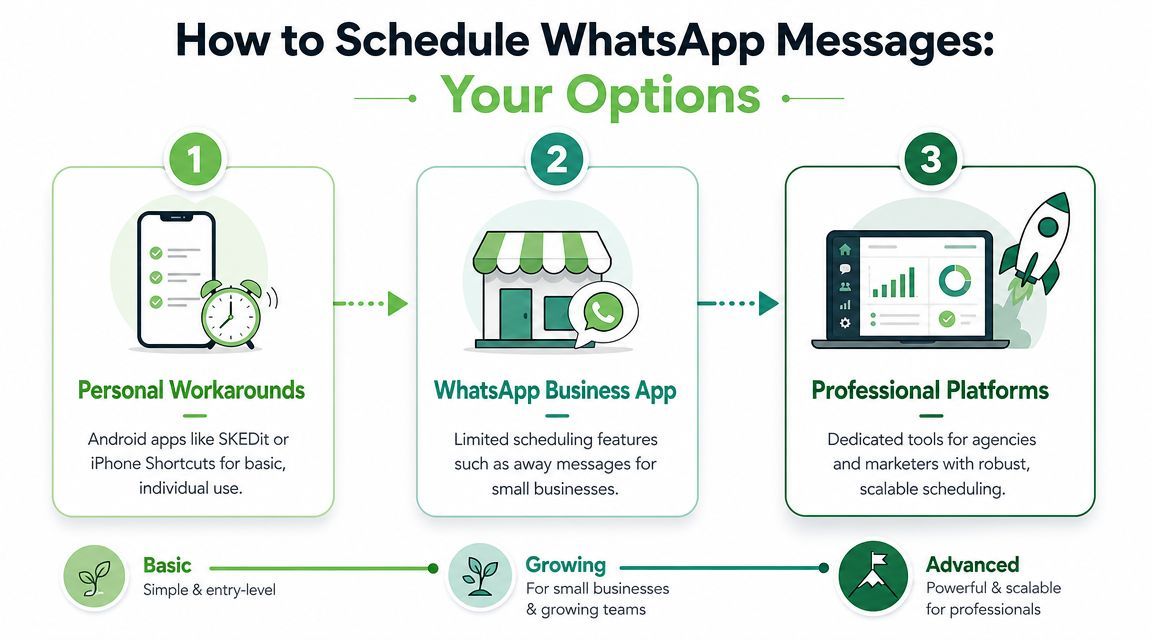 An infographic illustrating three different methods for scheduling WhatsApp messages, categorized by complexity and user needs.