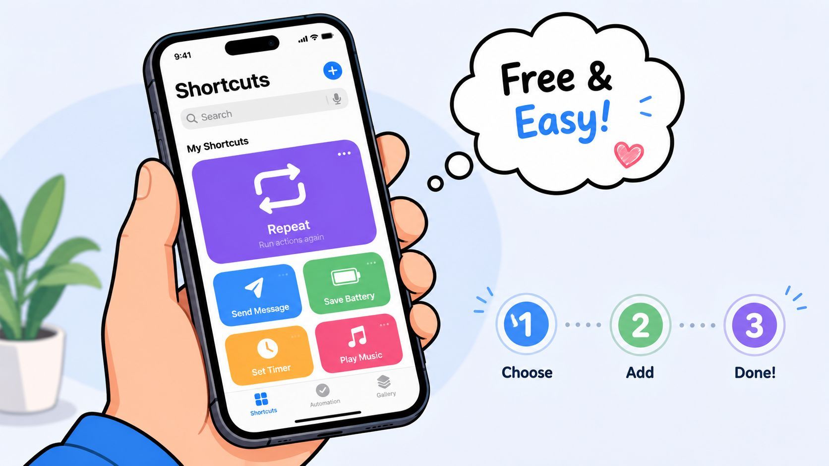 A hand holding a smartphone displaying the Apple Shortcuts application interface with an easy three-step guide illustrated.