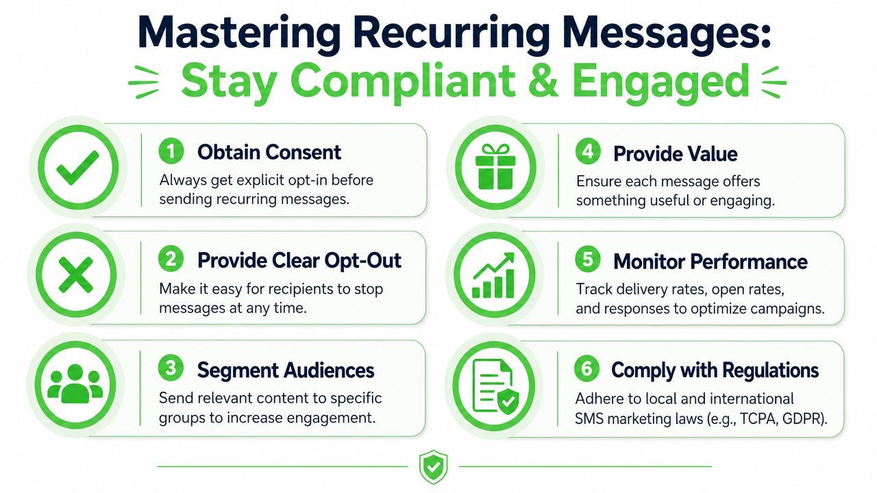 An infographic detailing six essential steps to master sending recurring SMS messages while maintaining regulatory compliance.