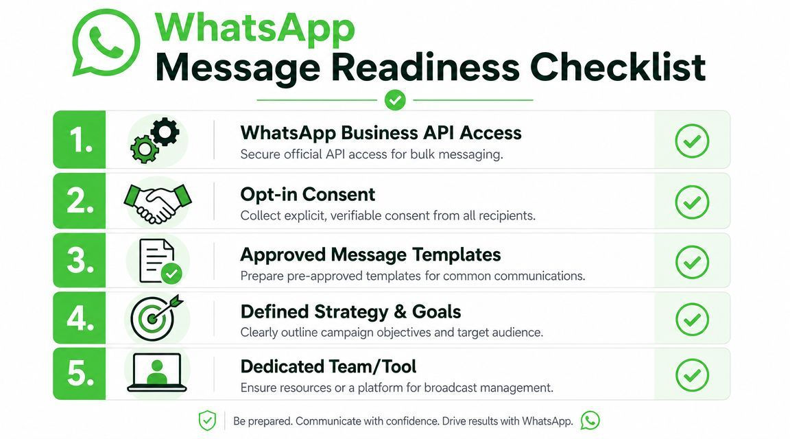 A five-step infographic checklist for businesses to prepare for sending bulk messages via WhatsApp API.