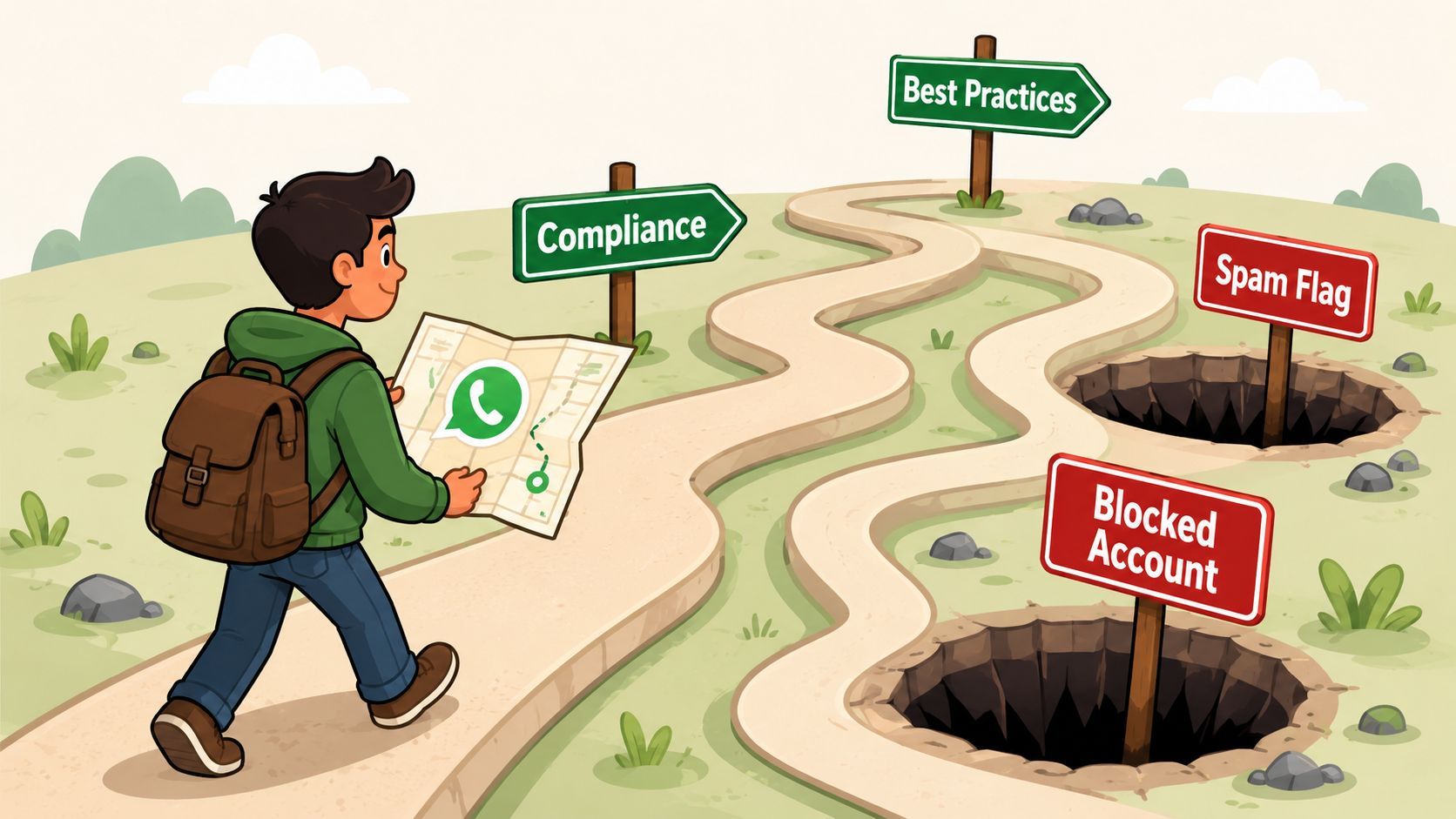 A hiker holding a WhatsApp map decides between following compliance practices or falling into spam and blocking traps.