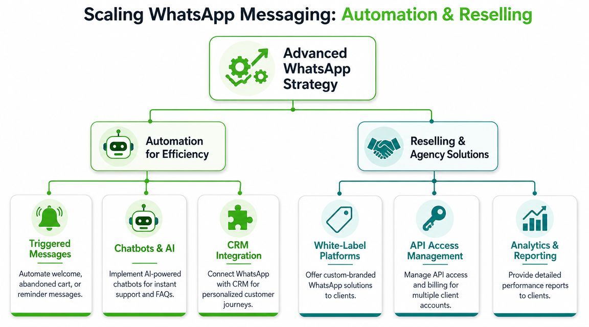 A diagram illustrating strategies for scaling WhatsApp messaging through automation and reselling agency solutions.