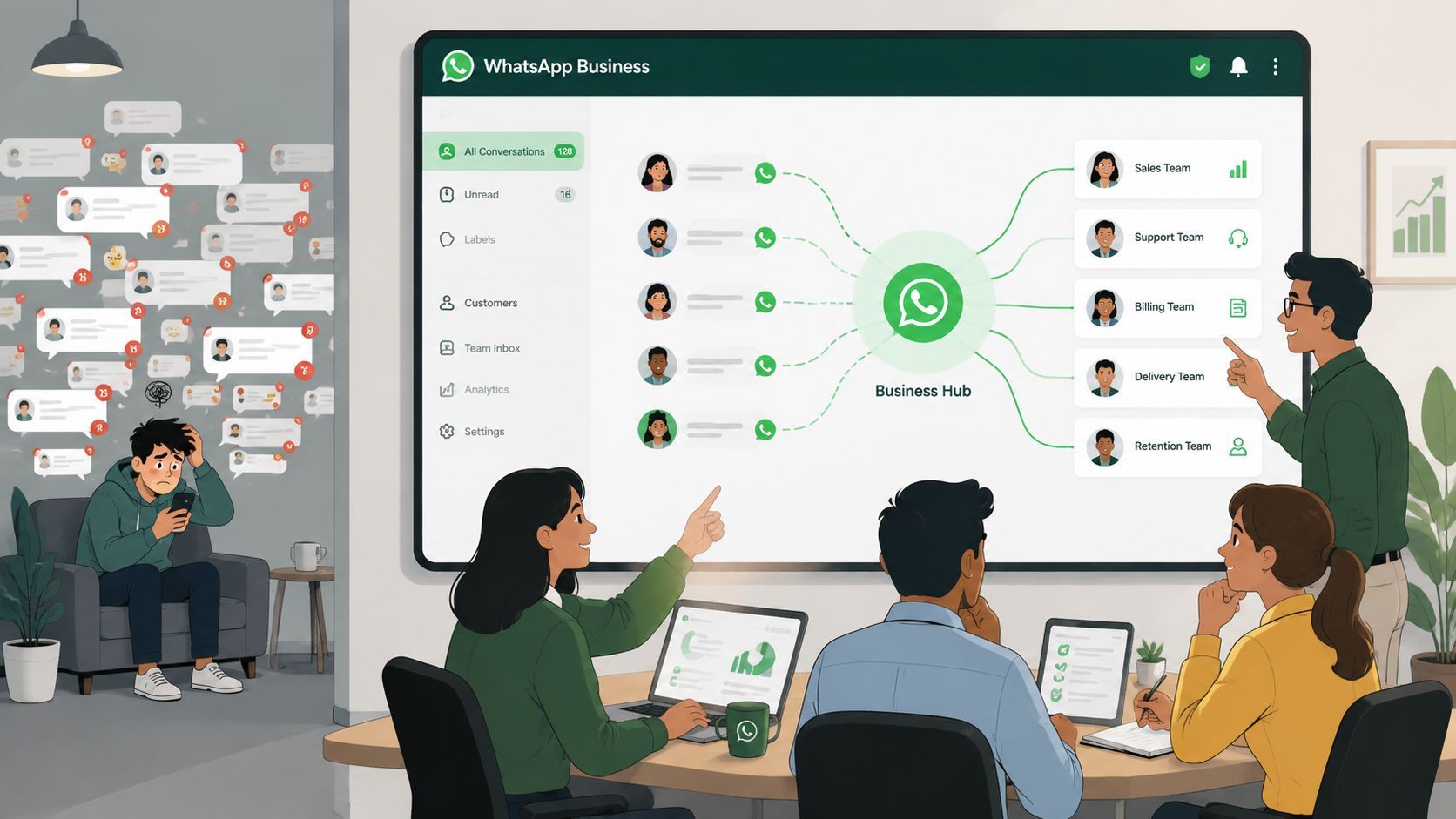 A team collaborating on a digital marketing strategy while an overwhelmed employee manages notifications in the background.