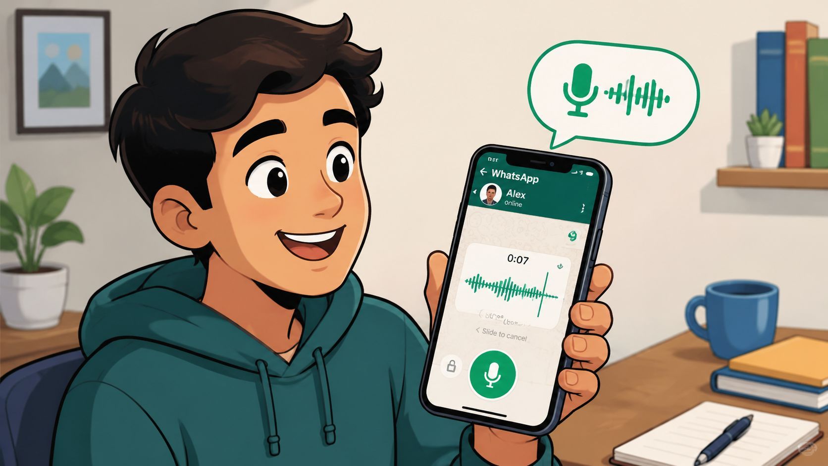 A happy young man holding a smartphone showing the WhatsApp interface while recording a voice message.