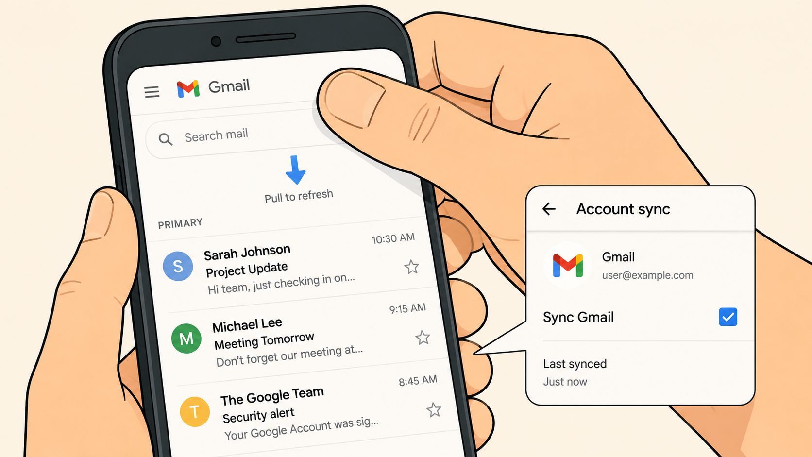 A person holding a smartphone showing the Gmail app and an account synchronization settings menu overlay.