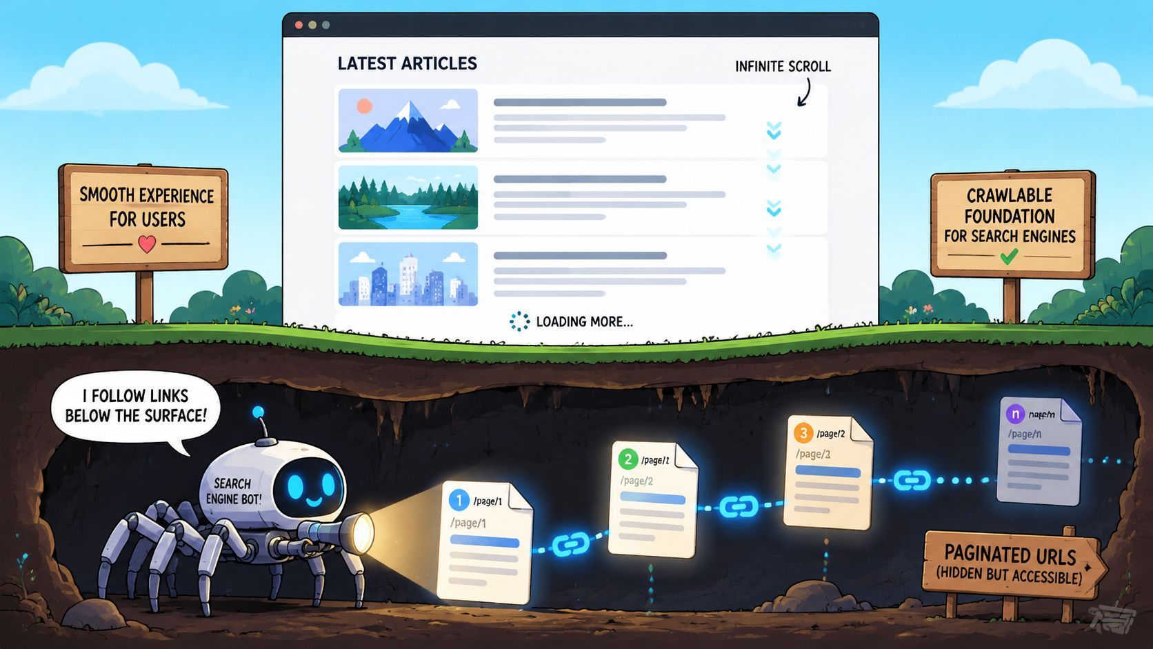 An illustration showing infinite scroll on a website while a bot crawls hidden paginated URLs below.