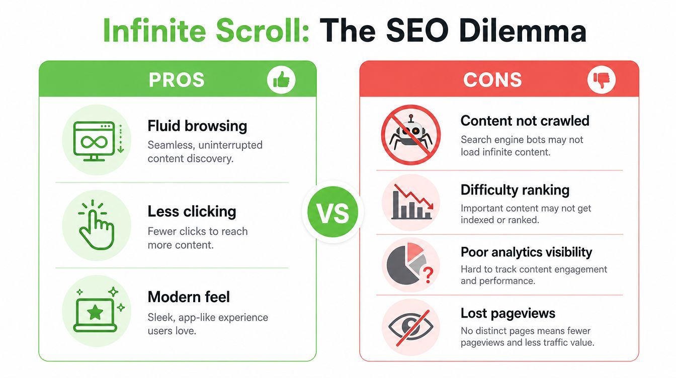 A comparison chart showing the advantages and disadvantages of using infinite scroll for website SEO strategy.