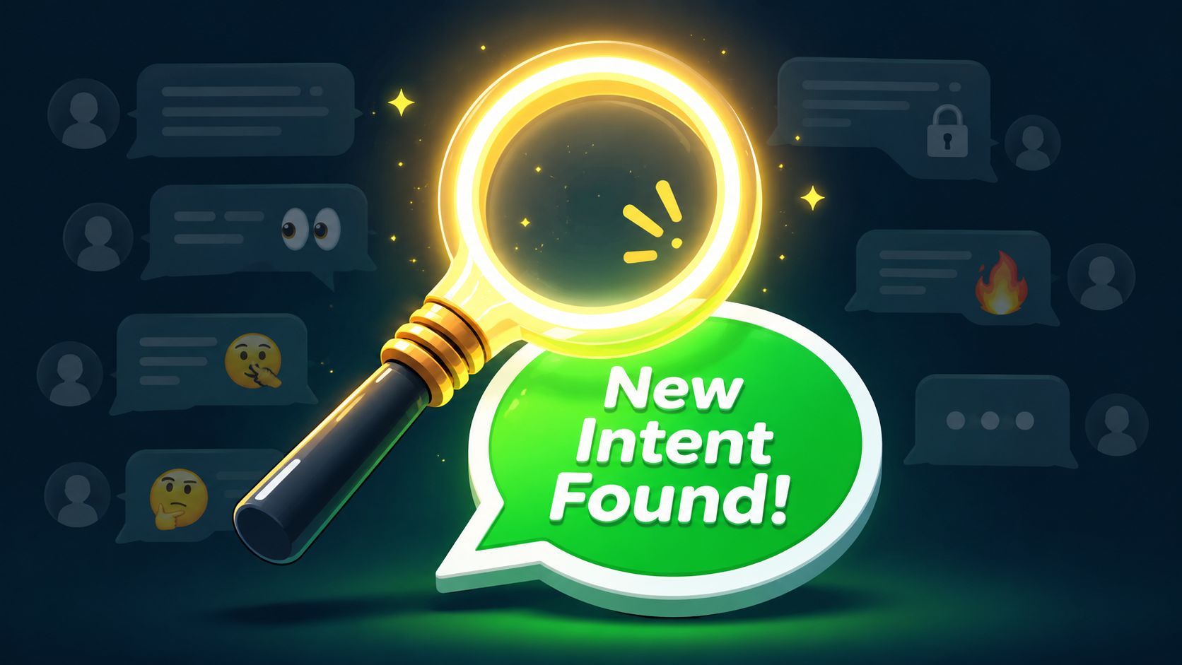 A glowing magnifying glass hovering over a green speech bubble with the text New Intent Found.