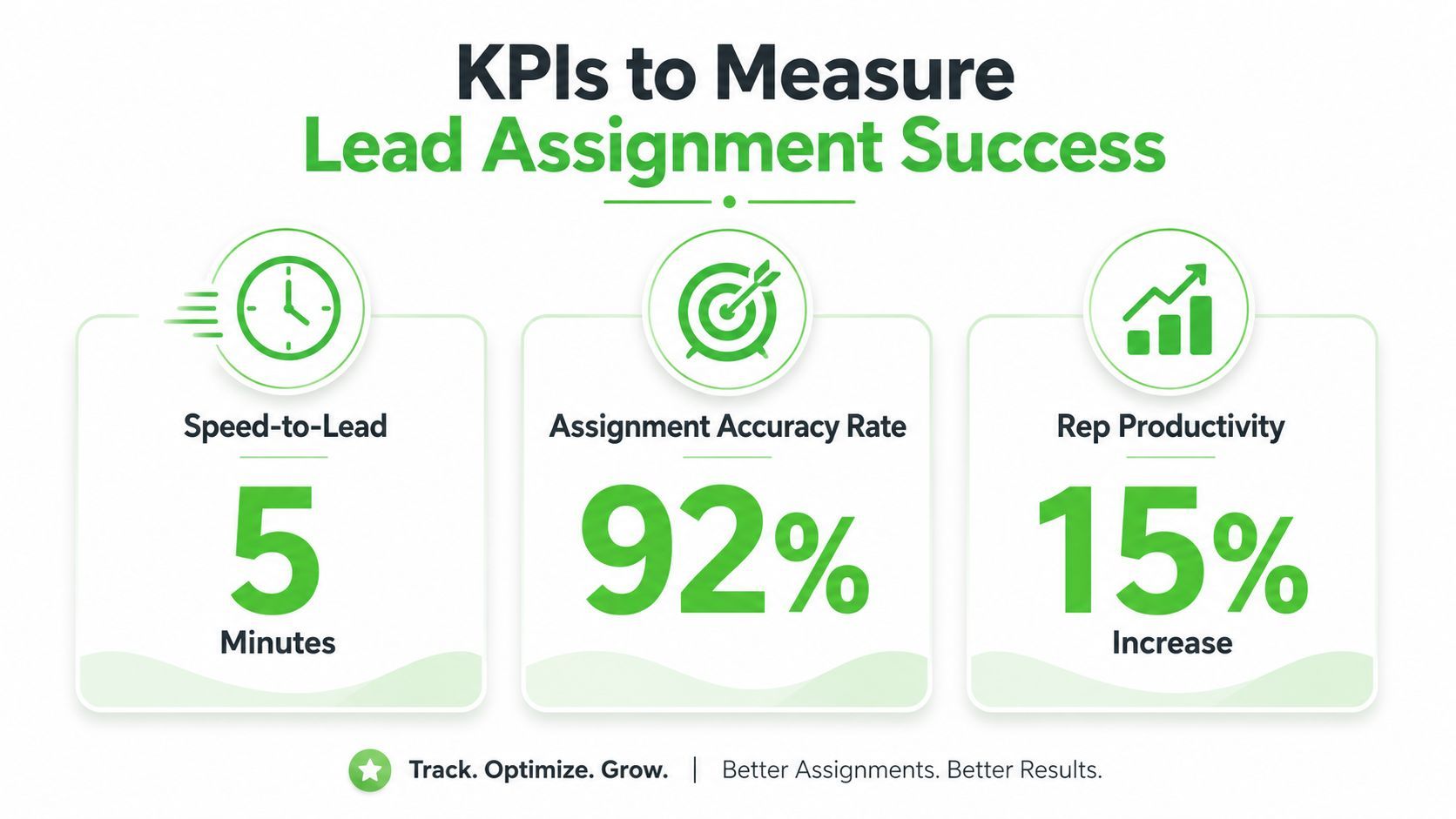 An infographic detailing three key performance indicators for lead assignment success: speed, accuracy, and representative productivity.