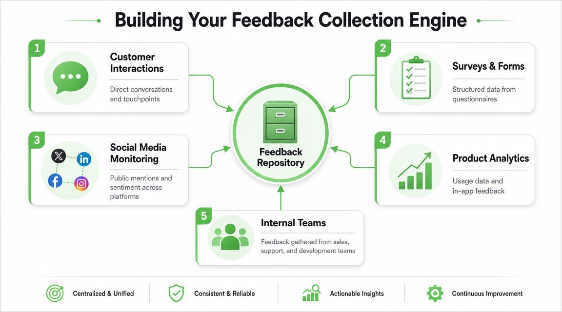 A diagram illustrating a feedback collection engine with five sources flowing into a central feedback repository.