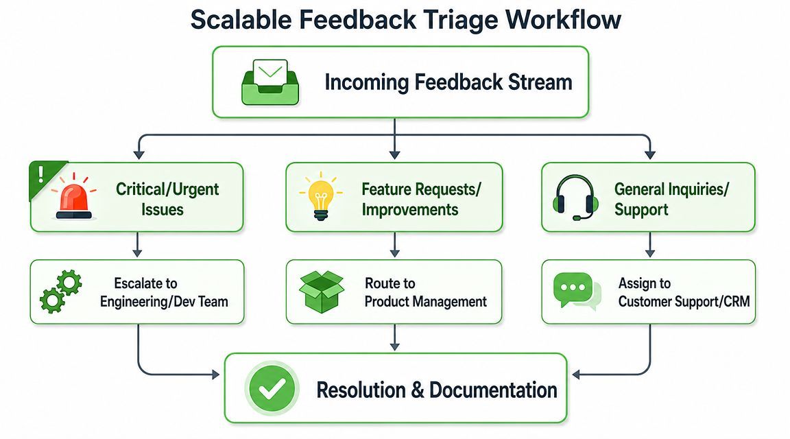 A flowchart diagram illustrating a scalable feedback triage workflow process for businesses and support teams.