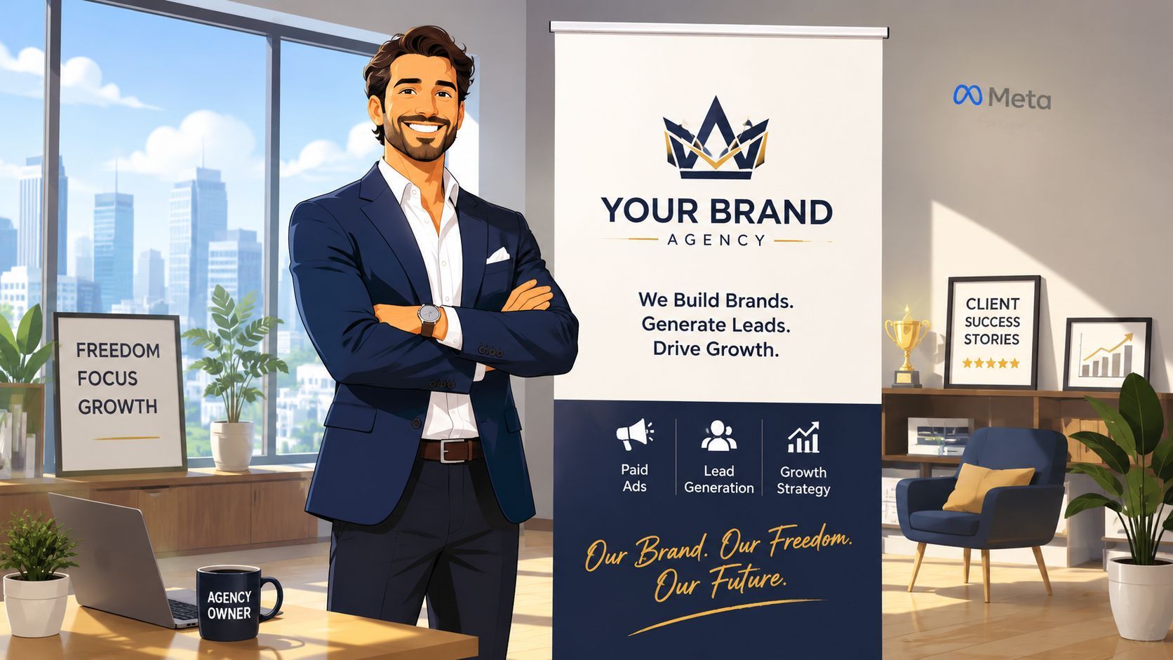 A professional agency owner stands next to a branded display stand in a modern office environment.