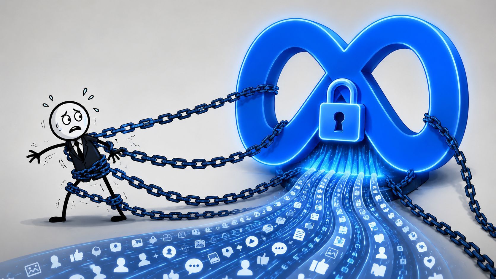 A worried stick figure bound by chains connected to a Meta logo with a security padlock.