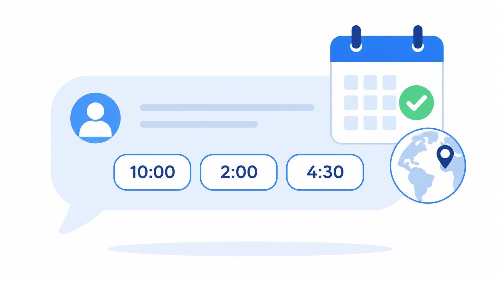 A digital graphic showing a calendar, clock times, and a globe representing appointment scheduling.